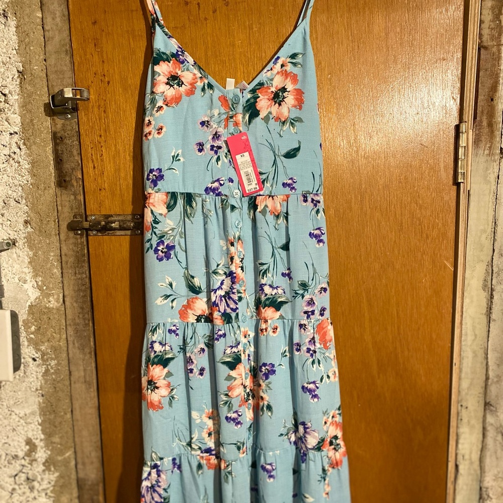 Xhiliration midi dress, functional buttons, spaghetti strap, blue floral